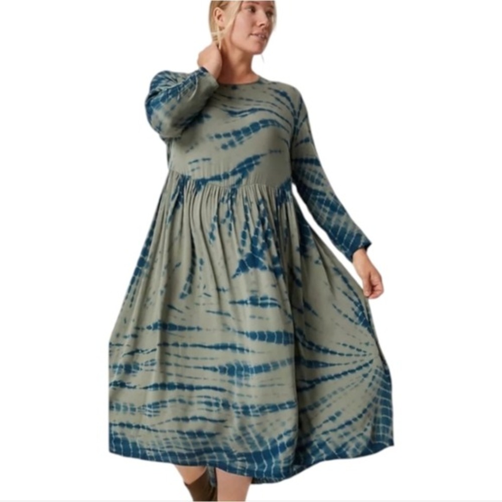 Anthropologie Tie Dye Midi Dress Sage Green Blue Long Sleeve Empire Waist L